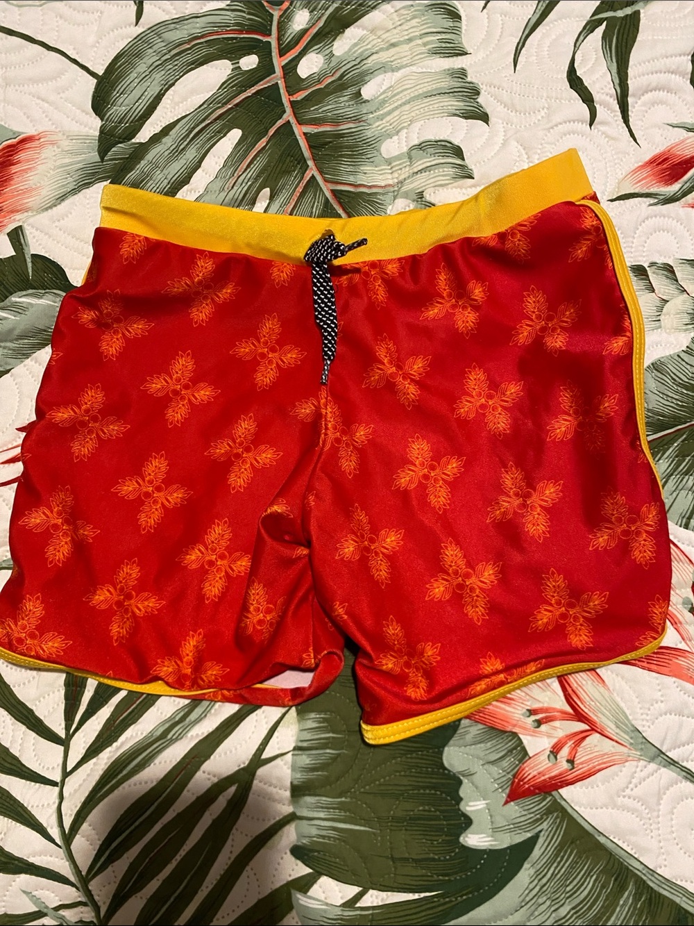 Kids Red & Yellow Swim Trunks - Bright Floral Print